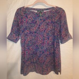 Lauren Ralph Lauren Paisley Boatneck Top Cuffed Short Sleeve